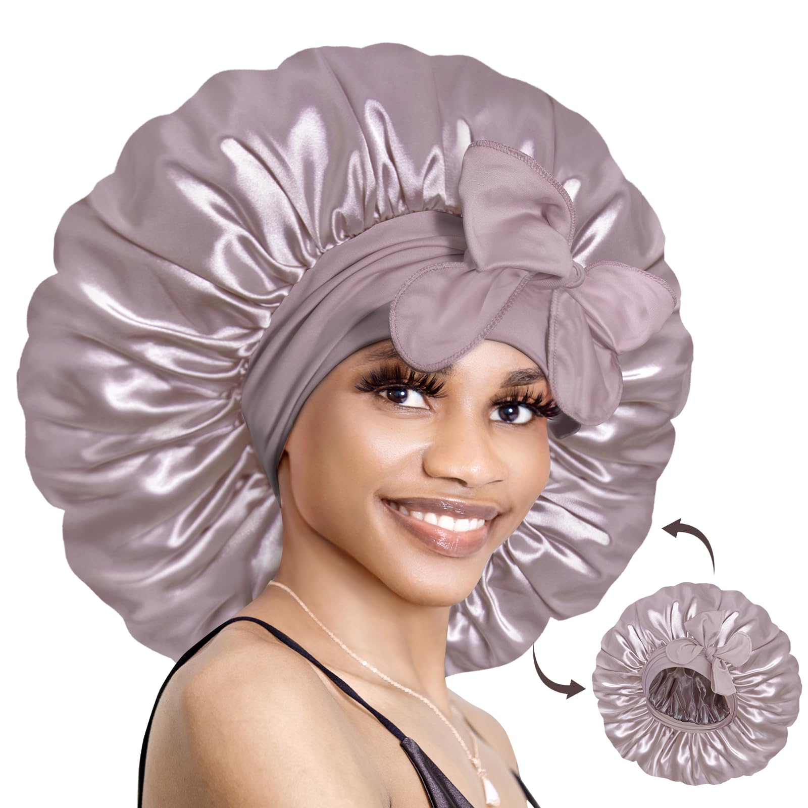 BONNET QUEEN Silk Bonnet for Sleeping Satin Bonnet with Tie Hair Wrap Double Layer Sleep Cap for Women Curly Hair, Grey Purple