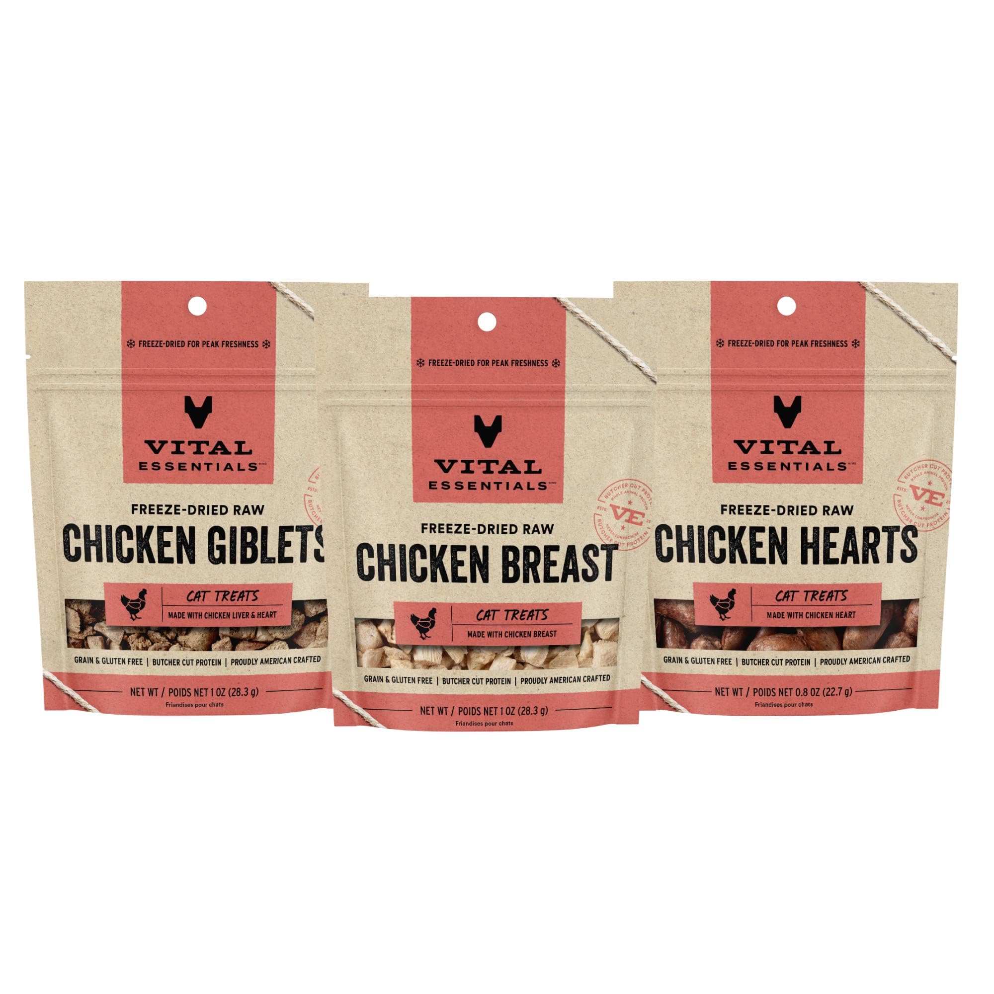 Freeze Dried Raw Cat Treats, Chicken Lovers Variety Pack, Chicken Breast Treats 1 oz + Chicken Heart Treats 0.8 oz + Chicken Giblet Treats 1 oz