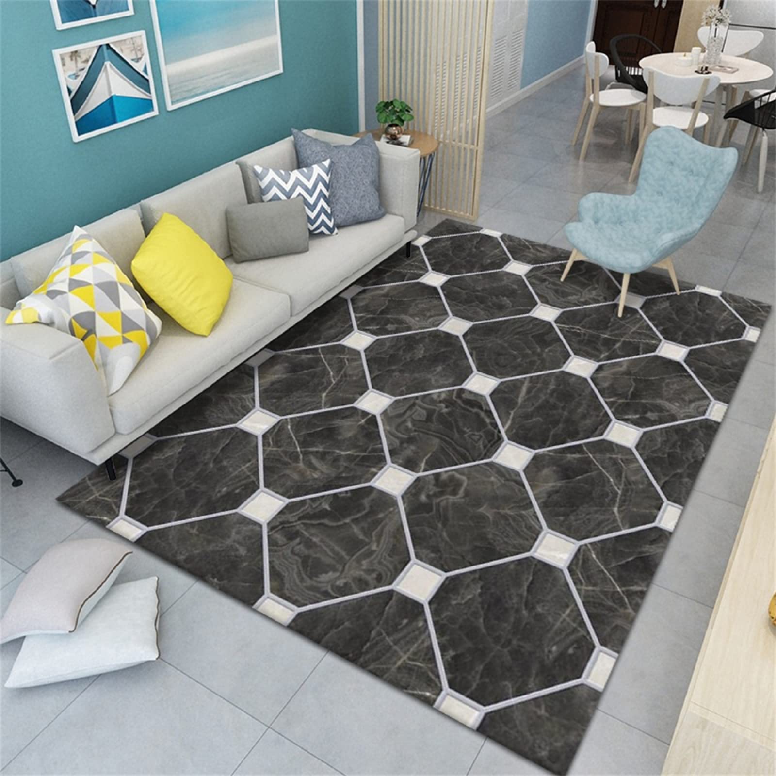 Tapis grande taille 200x300cm noir géométrique pour salon