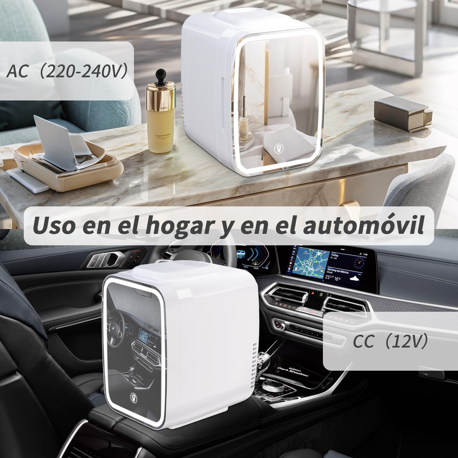 YASHE Mini Nevera para Dormitorio, Skincare Nevera con Espejo LED, Pequeña Nevera de 4L Portátil, Calentador y Enfriador Termoeléctrico 220V AC / 12V DC para Coche, Oficina, Dormitorio (blanca)