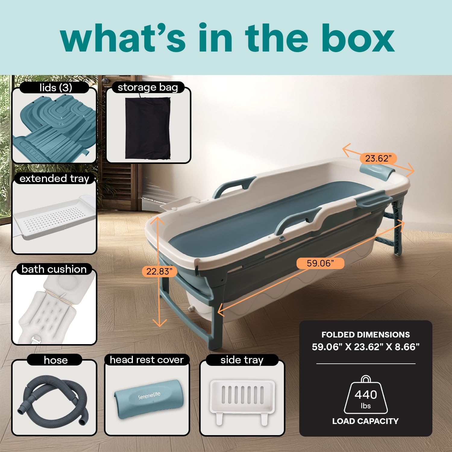 SereneLife 59" Portable Bathtub for Adults – Large Foldable Freestanding Bath Tub for Hot Spa, collapsible for Cold Plunge Ice Bath, Indoor/Outdoor, Pet & Family Use, Complete Set