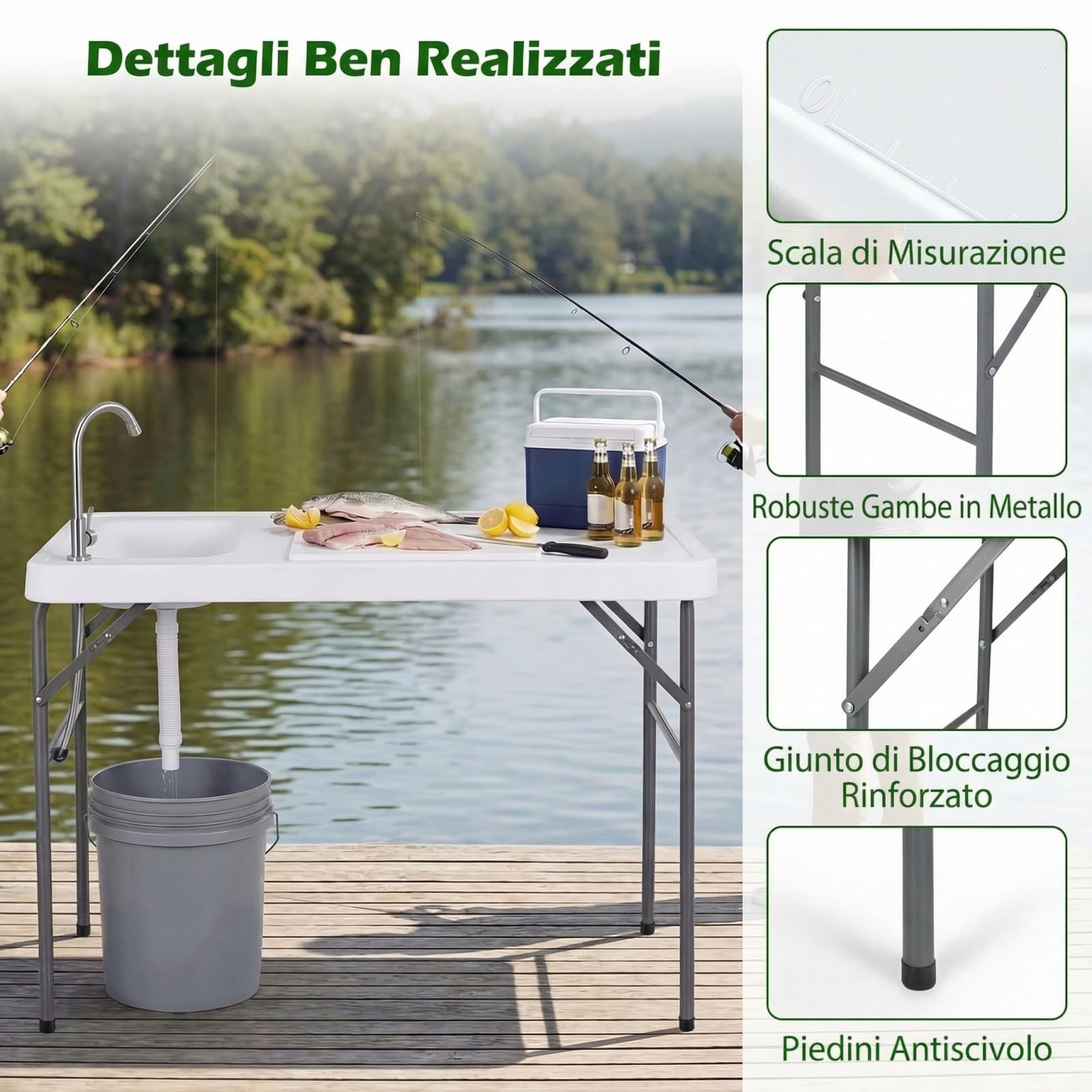 COSTWAY Tavolo da Campeggio con Rubinetto e Lavandino, 104 x 59 cm, Tavolo Pieghevole e Portatile per Lavaggio e Preparazione di Cibi, Pesca e Verdure, per Picnic, Spiaggia, Cortile e Giardino