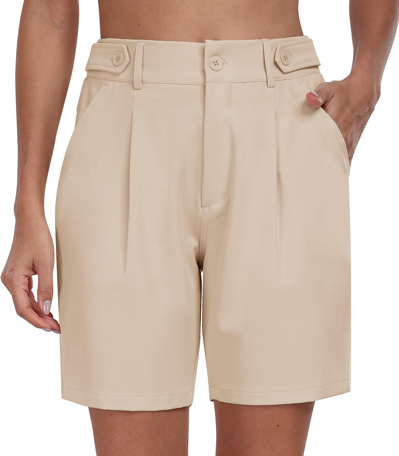 MoFiz Women's Shorts Dressy Casual Business Work Shorts Elastic Waist Straight Leg Pleated Summer Bermuda Shorts with Pockets