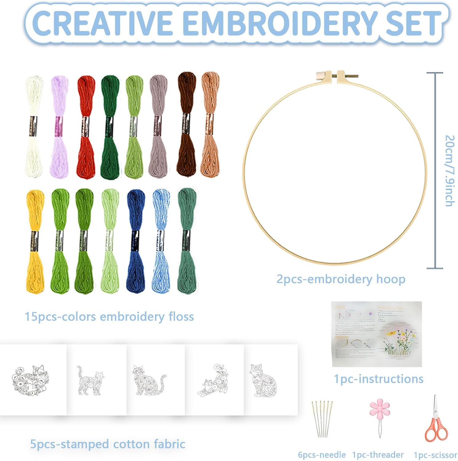 FREEBLOSS 5 Sets Embroidery Kit for Beginners Needlepoint Flower Cat Stamped Embroidery Starter Kit with Instructions, Needles, Threads, 2 Hoops 11.6"/29.5CM