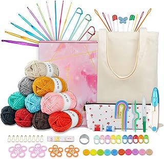 96PC Crochet Kit for Beginners Knitting & Crochet Supplies,Premium Crocheting Kit Includes 10 Spools Crochet Yarn, 10 Crochet Hoots,6 Needes and 1 Canvas Bag,Crochet Kits for Starter Adults Kids