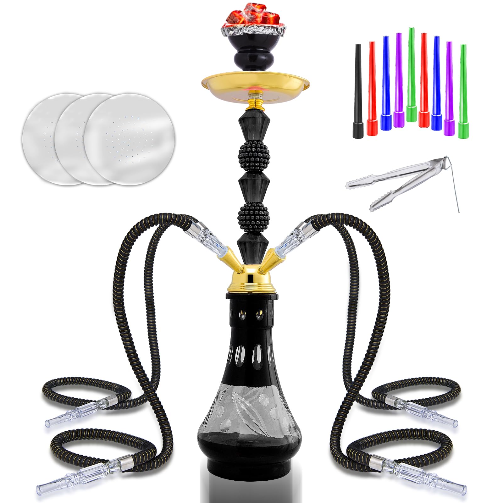22" Premium 4-Hose Hookah Set - Complete Luxury Kit with 20 Tips, 50 Foils & Jade Shaft | Home Lounge Centerpiece (1Black)
