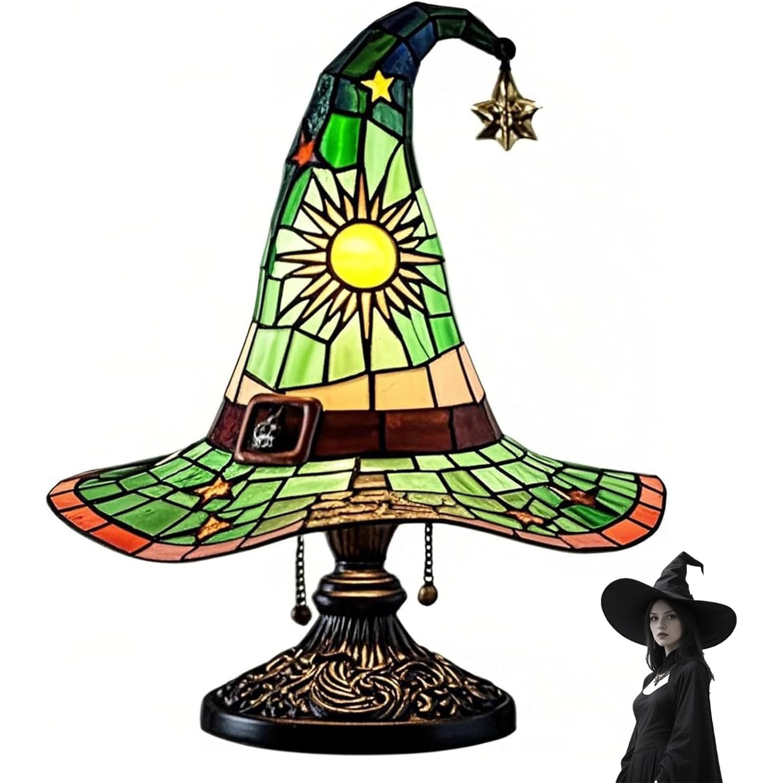Lampe chapeau de sorcière gothique en vitrail et résine de 20 cm