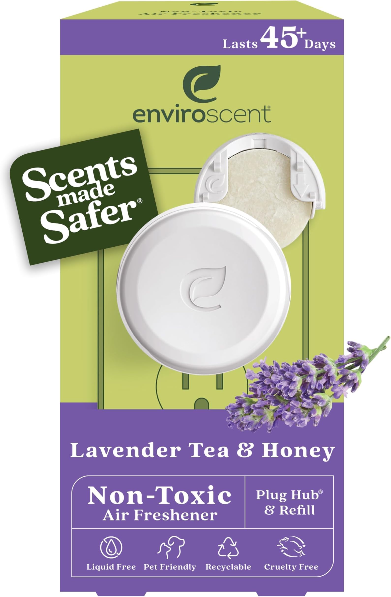 Enviroscent Non Toxic Air Freshener (Lavender Tea & Honey) Plug-in Home Fragrance Last 45+ Days | Kit includes 1 Refillable Plug In Warmer & 1 Scent Refill