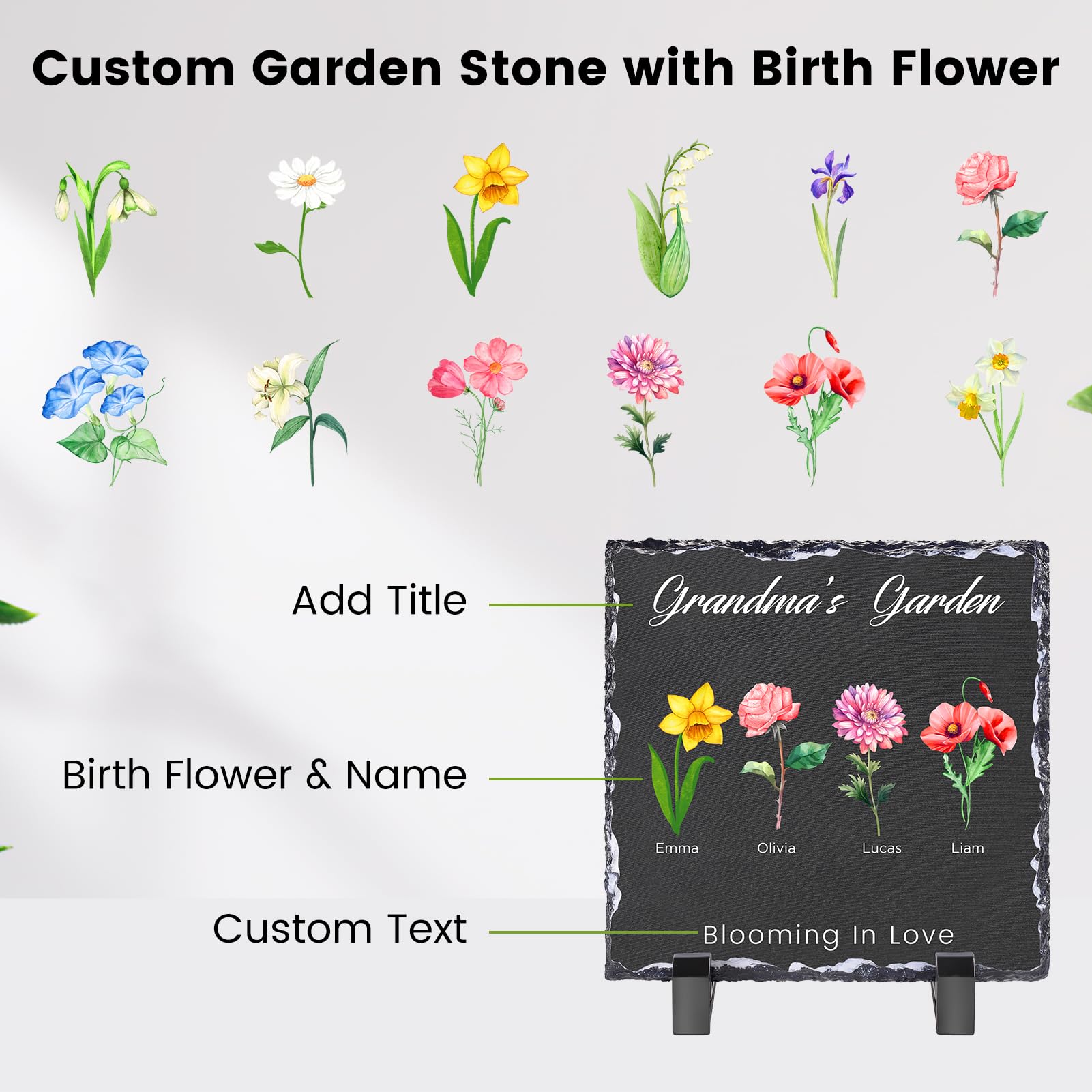 Piedra de jardín personalizada, piedra conmemorativa de jardín de flores con texto/nombres, regalo para abuela, día de la madre, regalos de cumpleaños