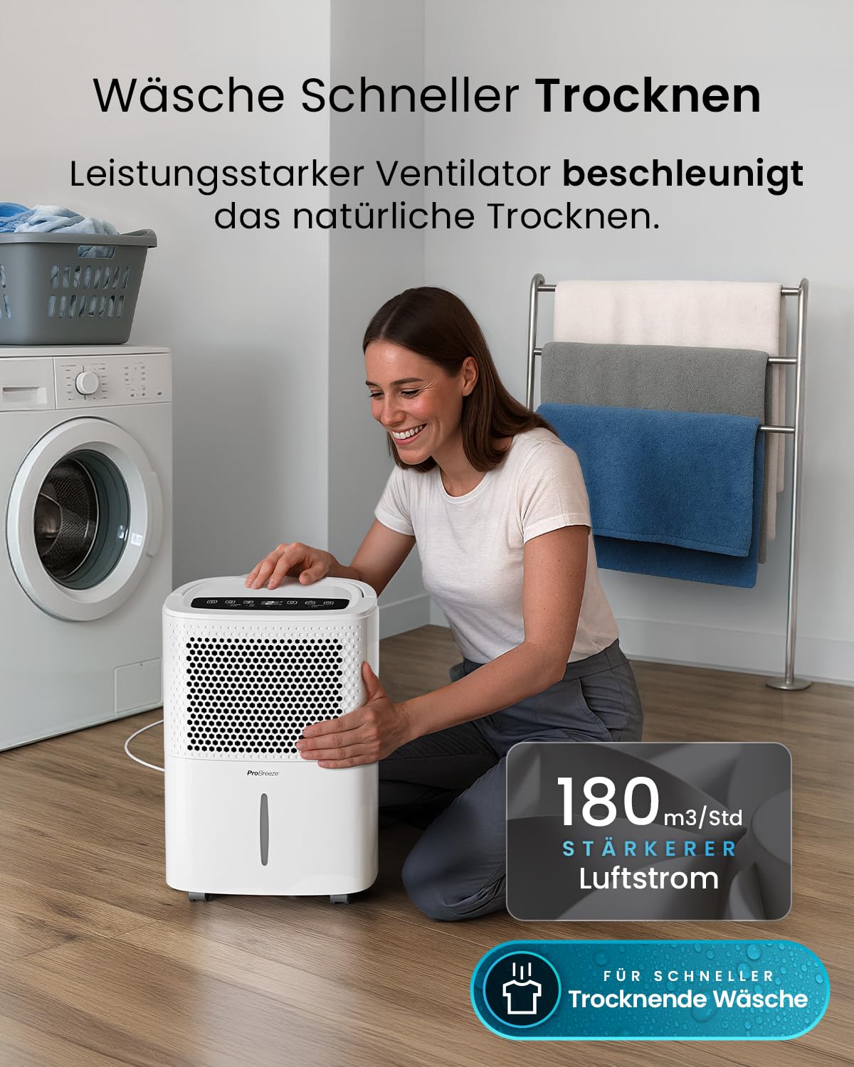 Pro Breeze Luftentfeuchter 12L in 24h Entfeuchtungsleistung - Raumgröße ca. 120m³ (~20 m²) - mit 3 Betriebsarten, Digitalanzeige, Ablaufschlauch, Timer - Gegen Feuchtigkeit, Schimmel Weiß