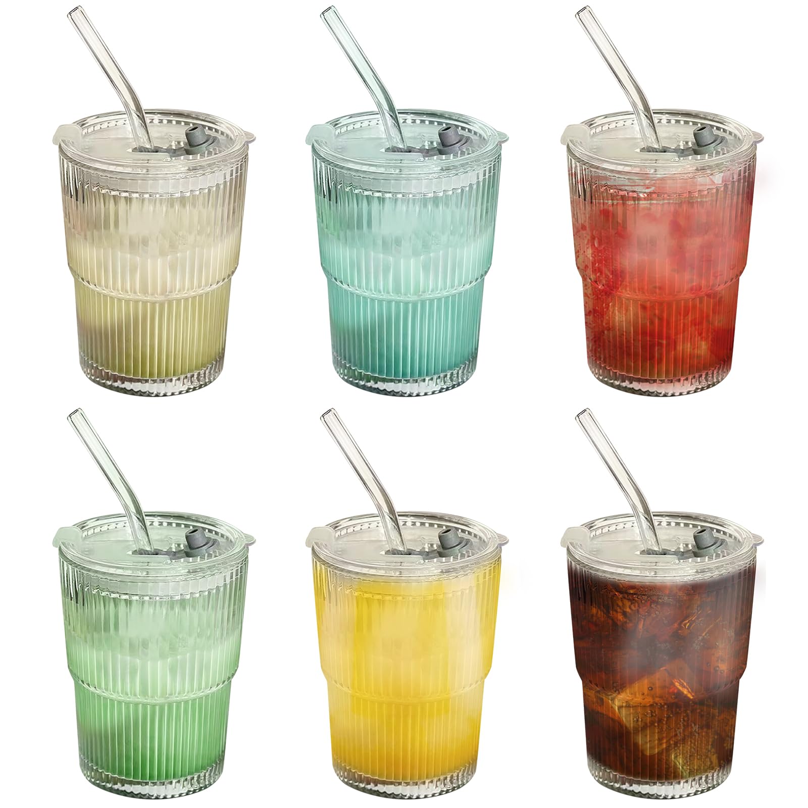 Szklanki do picia z pokrywką i słomką, zestaw 6 szklanek do picia, 400 ml, szklanki do herbaty, smoothie, kubki do kawy, kubki szklane, kubki do kawy mrożonej, szklanki do picia ze słomką do soku,