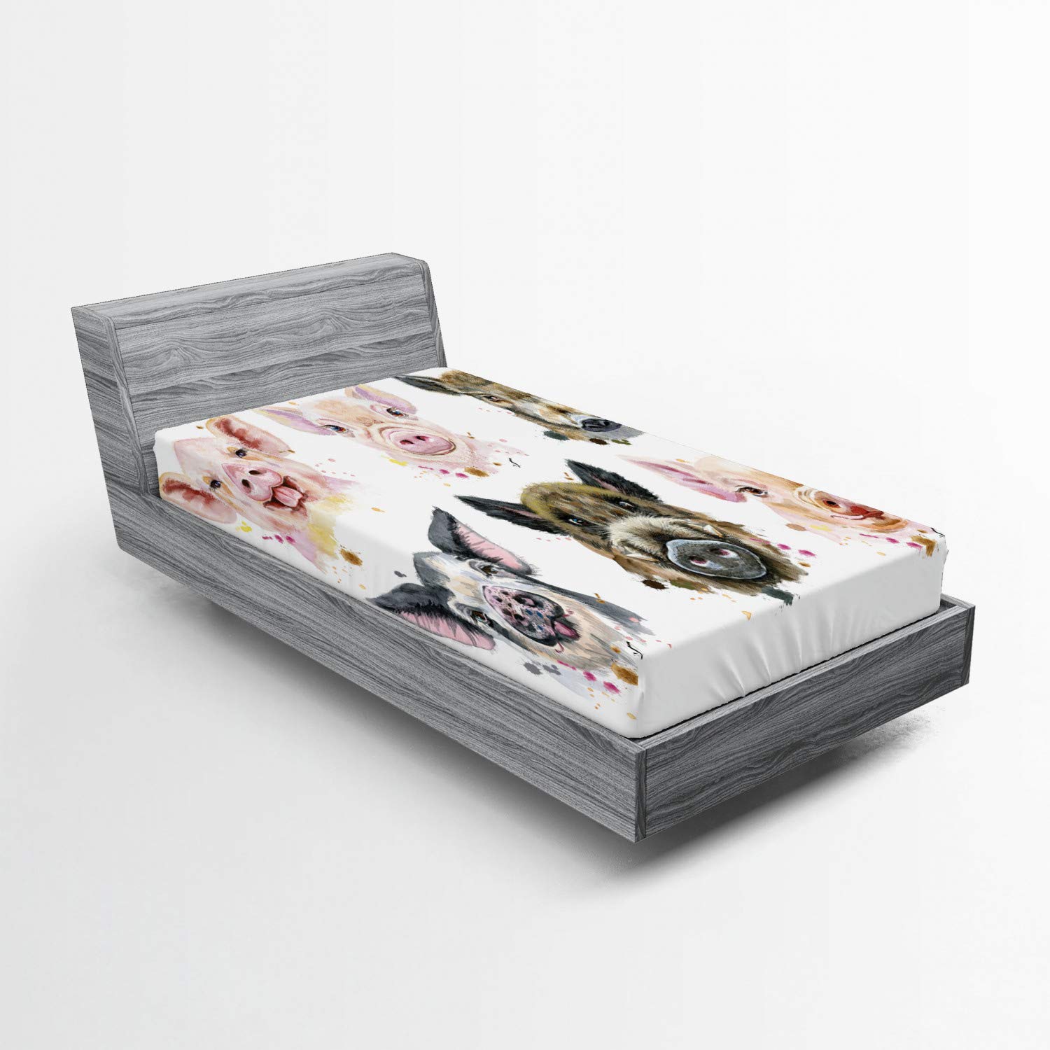 Ambesonne Farm Animal 2 Pack Fitted Sheet, Breeds of Pig, Bed Cover All-Round Elastic Deep Pockets 2 Pieces, Package Contains 2 Twin Size Fitted Sheets, Peach Sepia