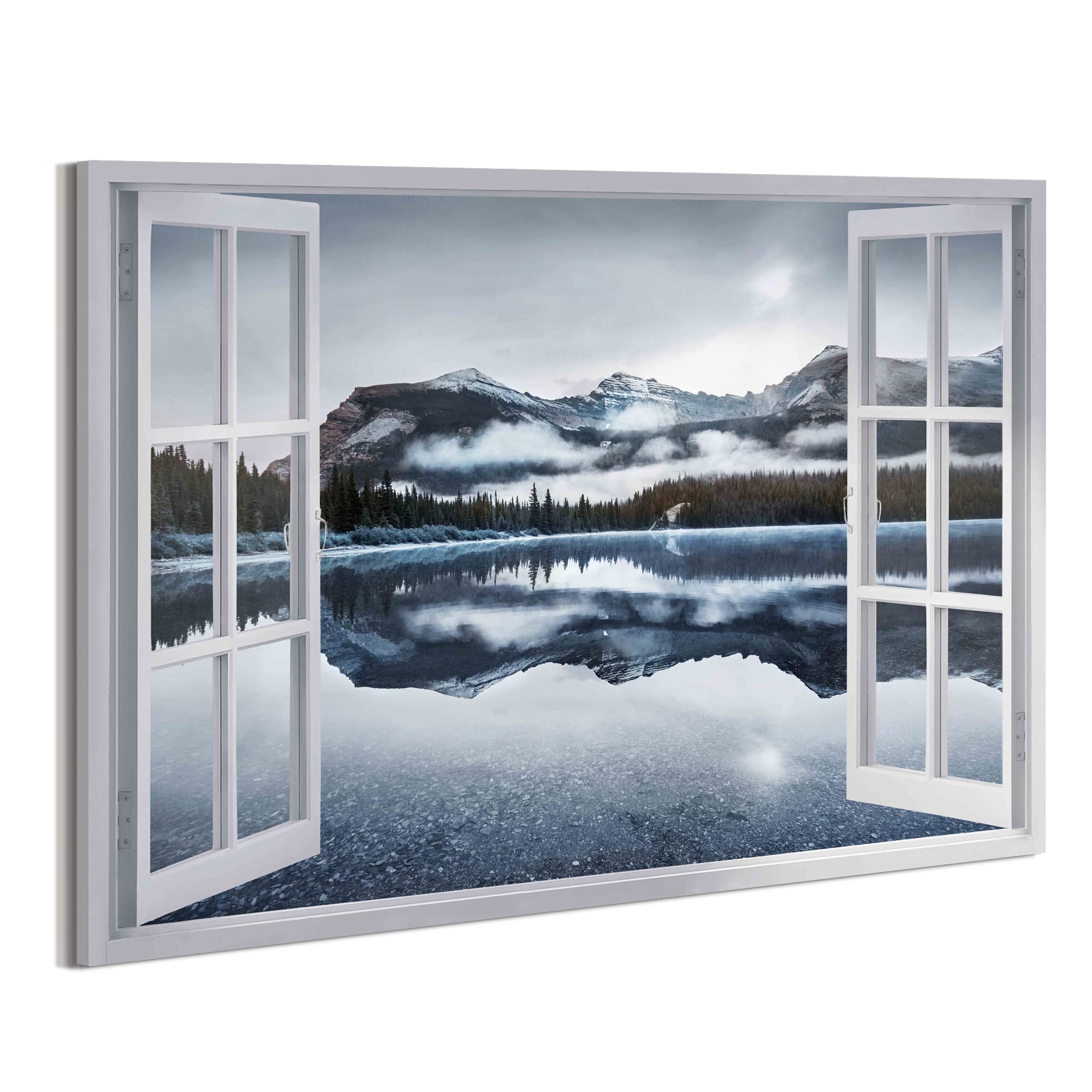 Lake Window Canvas Wall Art: Large Nature Landscape Picture Bedroom Mountain Scene Print Decor Living Room Modern Foggy Forest Painting Horizontal Scenery Artwork for Home Office