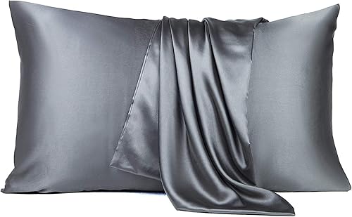 Miniatura 5 de Sábanas de satén tamaño individual, sábanas de seda gris, juego de ropa de cama suave de 3 piezas con 1 sábana bajera de bolsillo profundo, 1 sábana