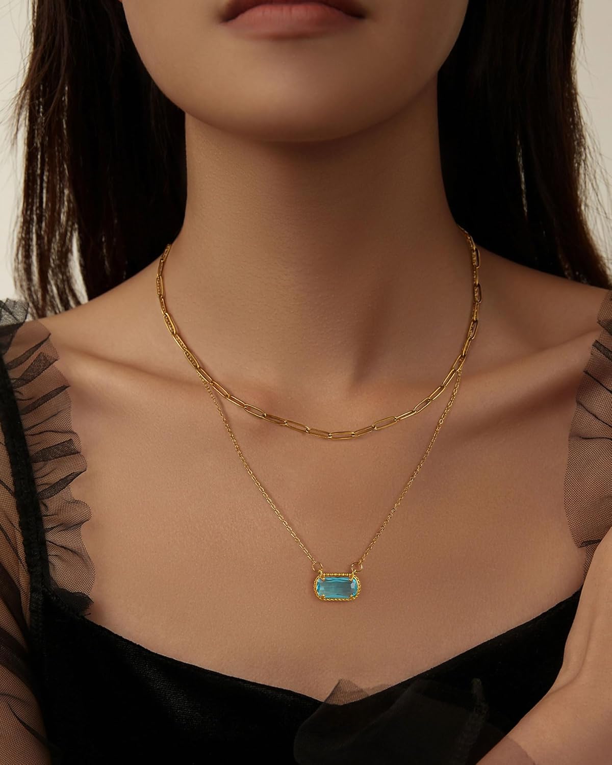 Lourny Gemstone Birthstone Pendant Layered Necklace for Women Trendy, 18K Gold Plated Paperclip Chain Preppy Choker Charm Necklace for Women Wife Jewelry - Image 2