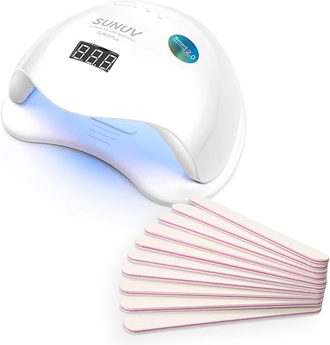 SUNUV Lámpara de uñas UV y 10 limas de uñas, luz LED UV de secado rápido para uñas con temporizadores ajustables y sensor inteligente, limas de uñas