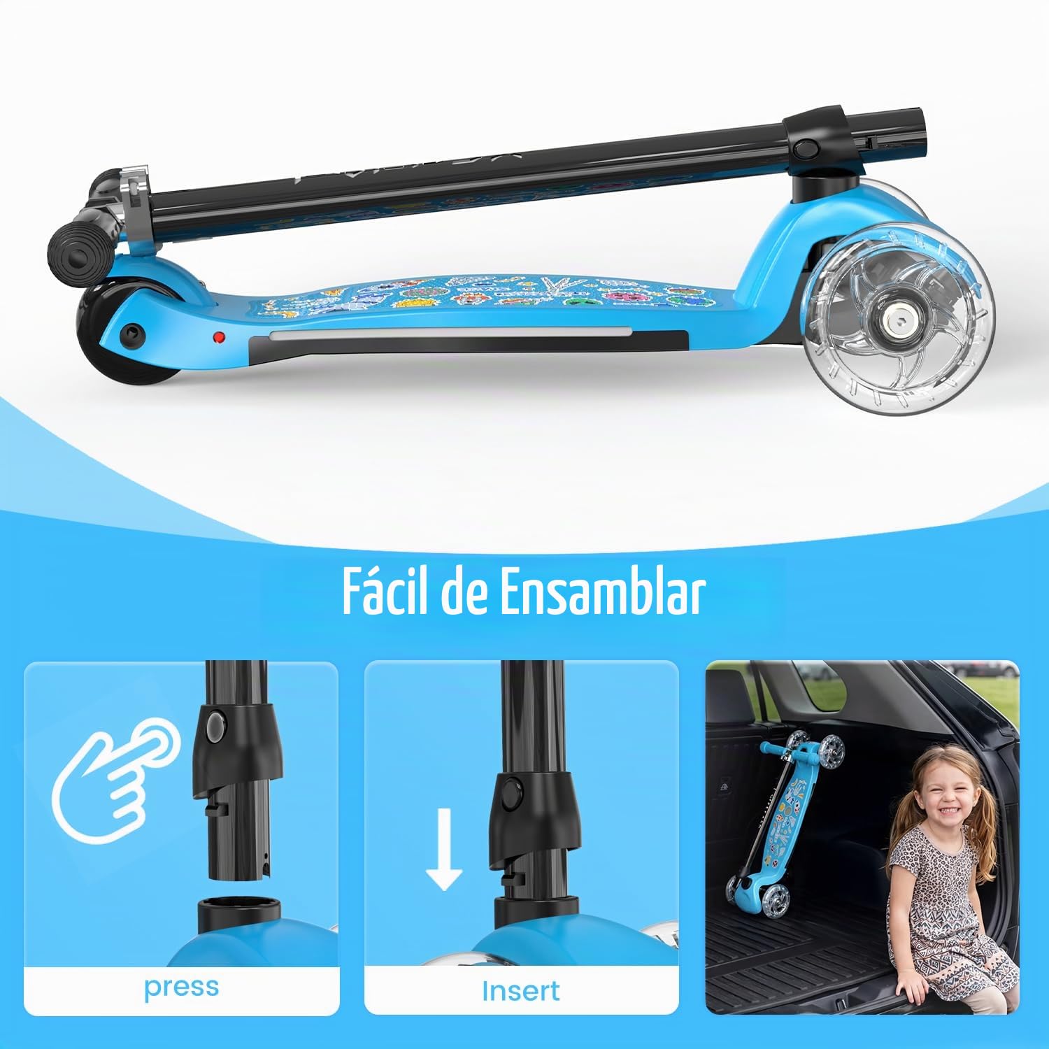 TONBUX Patinete Niño de 3 a 8 años, Patinete Niño con Columna, Ruedas y Bandeja Luminosa, Bandeja Metálica Reforzada, Altura Ajustable 65 – 80 cm, Freno Trasero Sensible, Lean to Steer Design