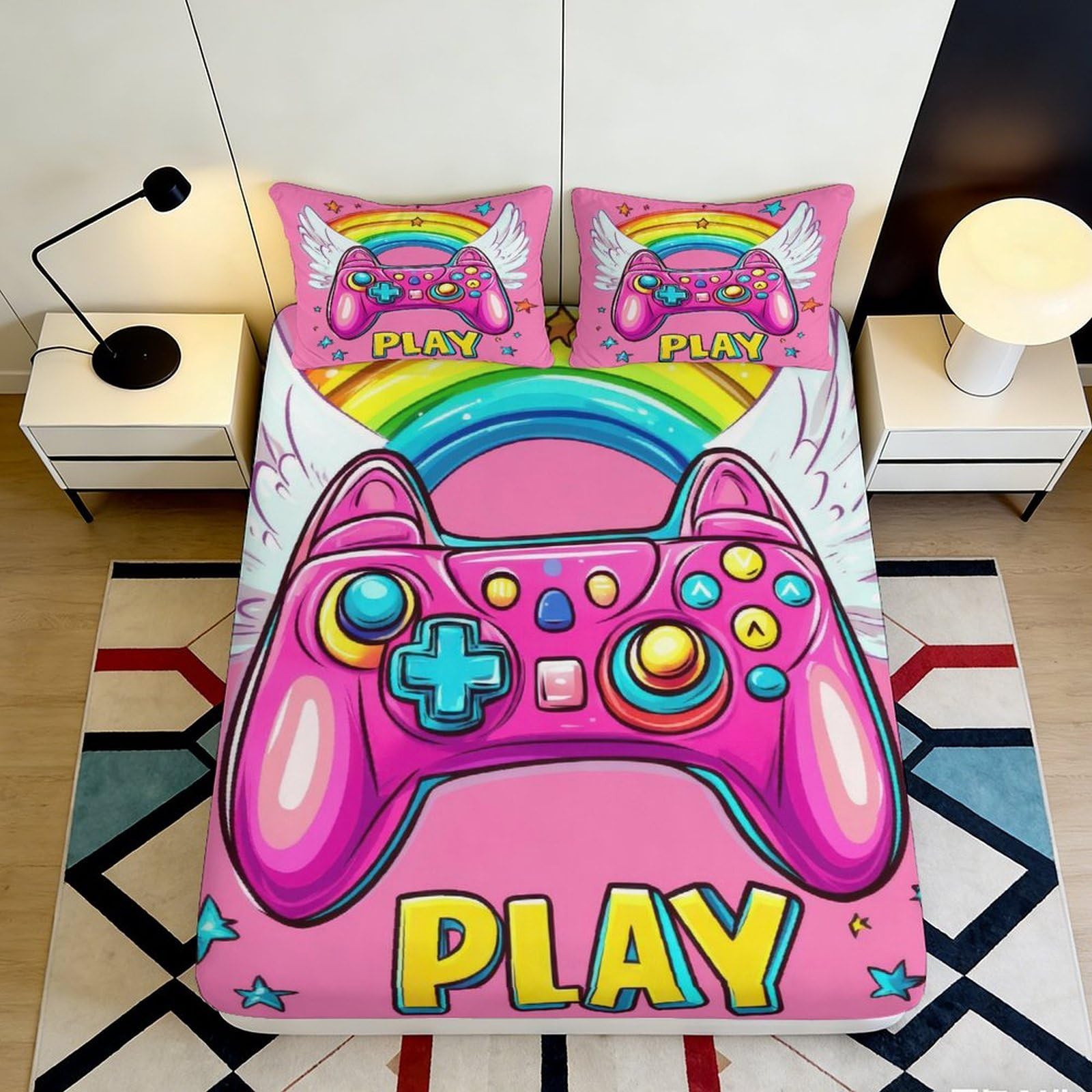 3D Printed Pink Game Controller Fitted Sheet Microfiber Soft Bedroom Decor Cartoon PLAY Bed Cover for Home Dorm 90x200x25cm