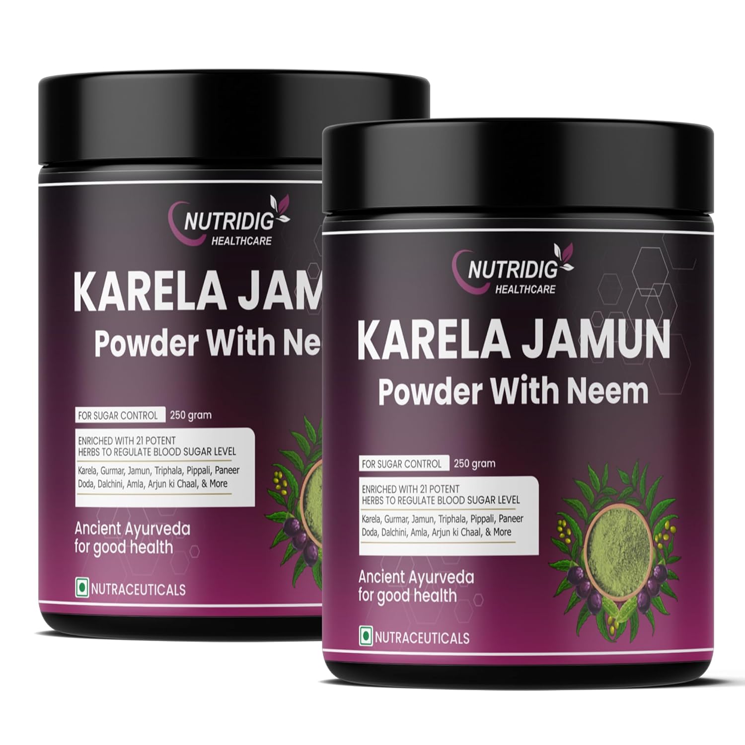 Karela Jamun Neem Diabetes Care Powder – Herbal Solution for Healthy Blood Sugar Levels, Weight Management, Better Digestion, Detoxification,Gut Health and Constipation, 250g (Pack of 2)