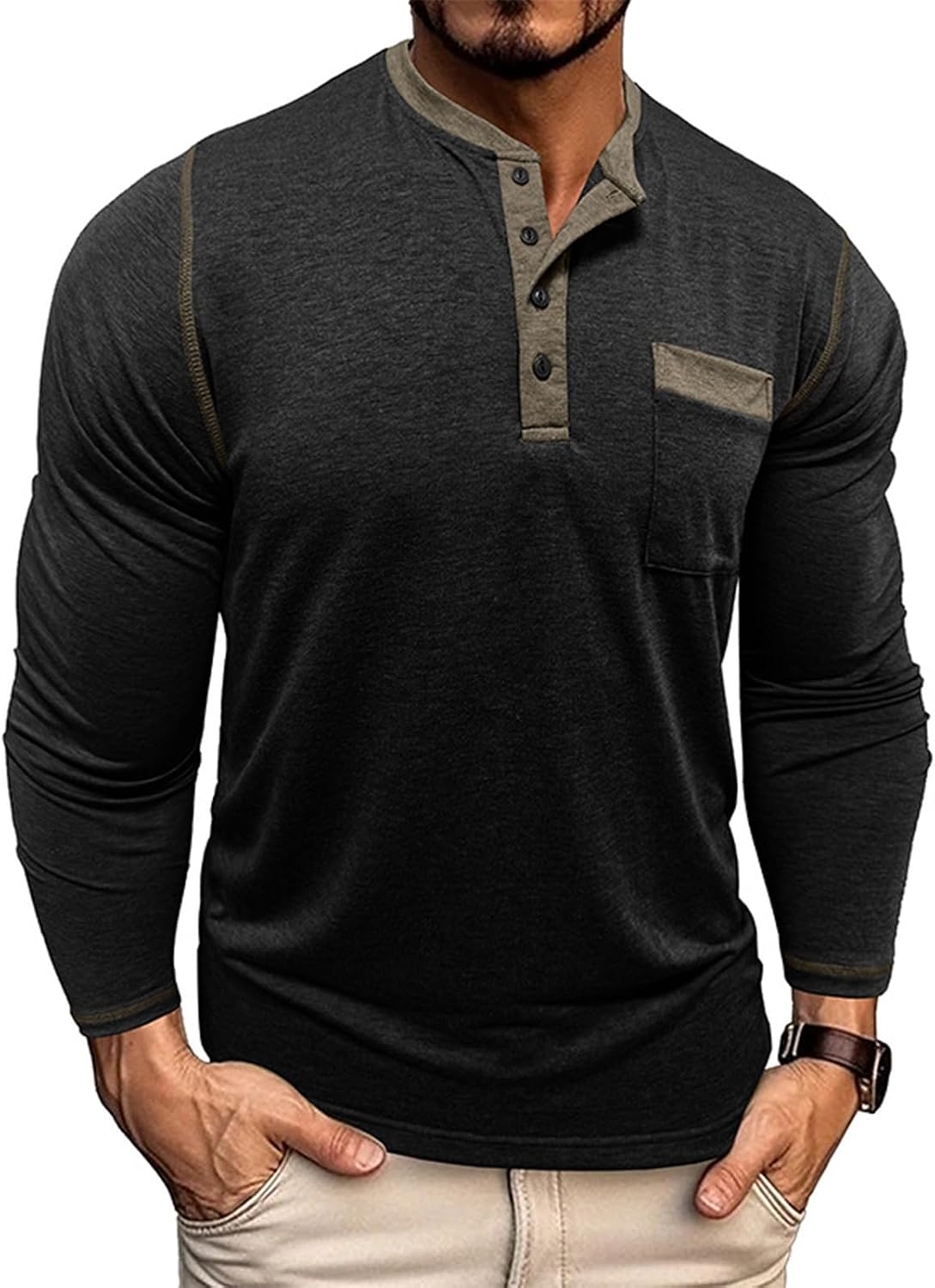 RTRDE Men's Stretch Henley Shirts Long Sleeve Casual Daily Work Button Tee Top, M-3XL