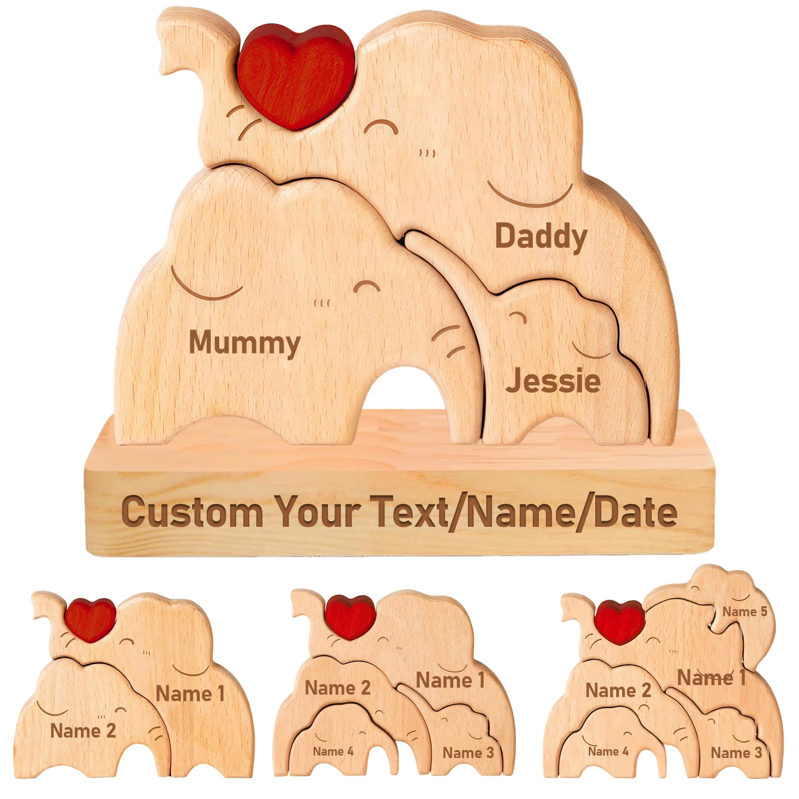 Gifts for Father-Personalized Wooden Bear Puzzle Custom Mama Bear Puzzle with 2-7 Names for Home Decor Personalized Gifts for Mother's Day Father's Day Birthday Christmas House Warming (Elephant)