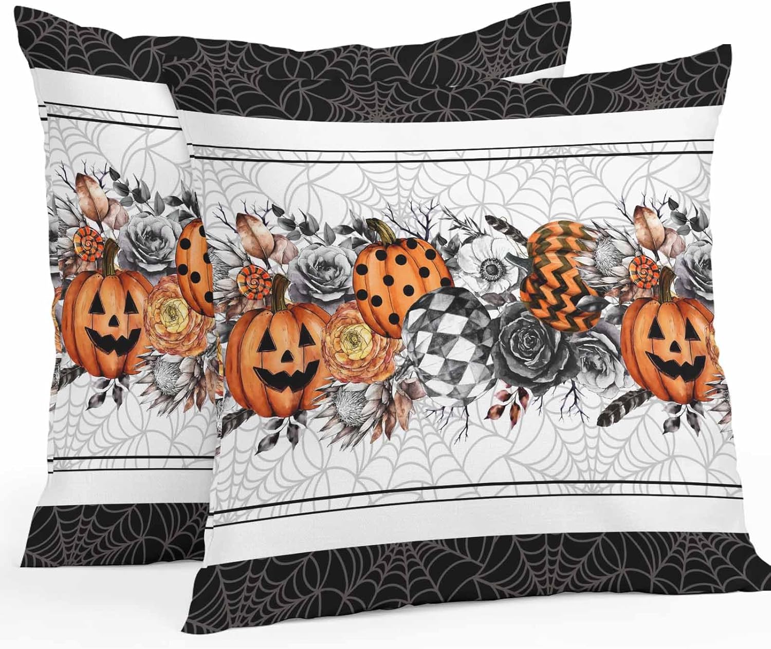 Halloween Outdoor Pillow Covers Set of 2, Pumpkins Ghost Black Flower Decorative Waterproof Throw Pillowcase Black Cobweb Cotton Linen Soft Cozy Cushion Cover Pillowsham 20x20In