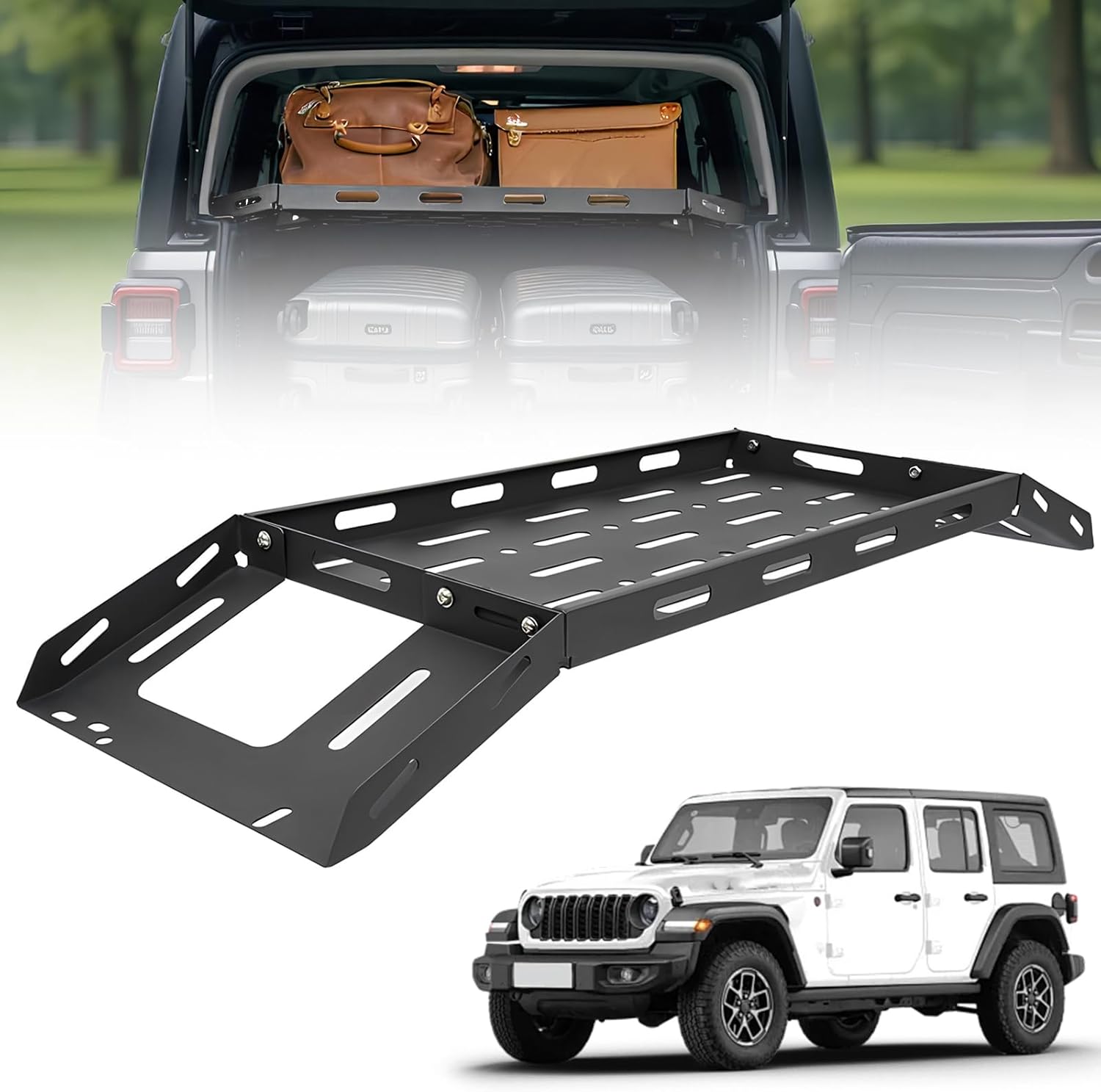 ETOYA Heavy Duty Rear Trunk Cargo Basket for Jeeps Wrangler JK JL & Ford Bronco 4D, Solid Steel Interior Storage Rack Shelf, 300LB Load Rated for Camping Accessories