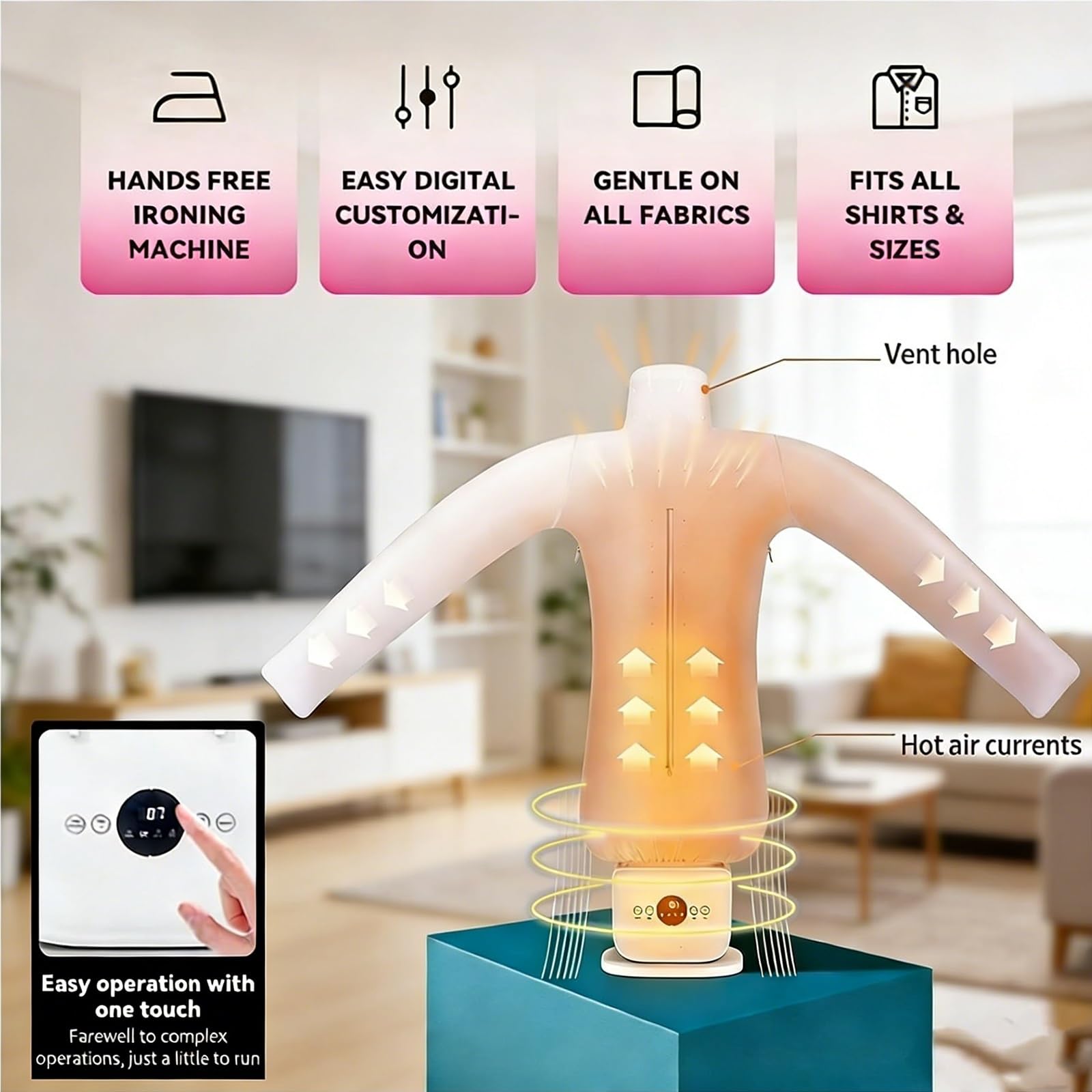 Automatischer Hemdenbügel Bügelpuppe zum Trocknen und Bügeln von T-Shirts, Blusen, Vertikalbügeleisen 2 in 1 Trocknet faltenfrei mit 4 Gewichtsclips, Timer und Digitalanzeige(Upgraded)