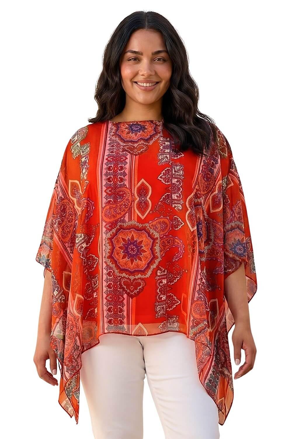 Roman Women's Curve Ikat Paisley Asymmetric Overlay Top in Red | Size: 22-24