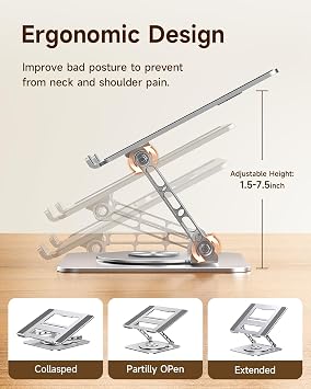 MCHOSE Laptop Stand for Desk, Ergonomic Laptop Riser with 360 Rotating Base, Foldable Notebook Computer Holder Stand Compatible with MacBook Air Pro, Dell XPS, More 10-15 Laptops, Silver