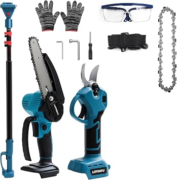 Electric Pruner Kit, 3 in 1, Max 8 ft, 2 Pcs Batteries, 6 inches cordless chainsaw & electric pruning shears with Max 8 ft Extension Pole, SK5 Blades BLUE