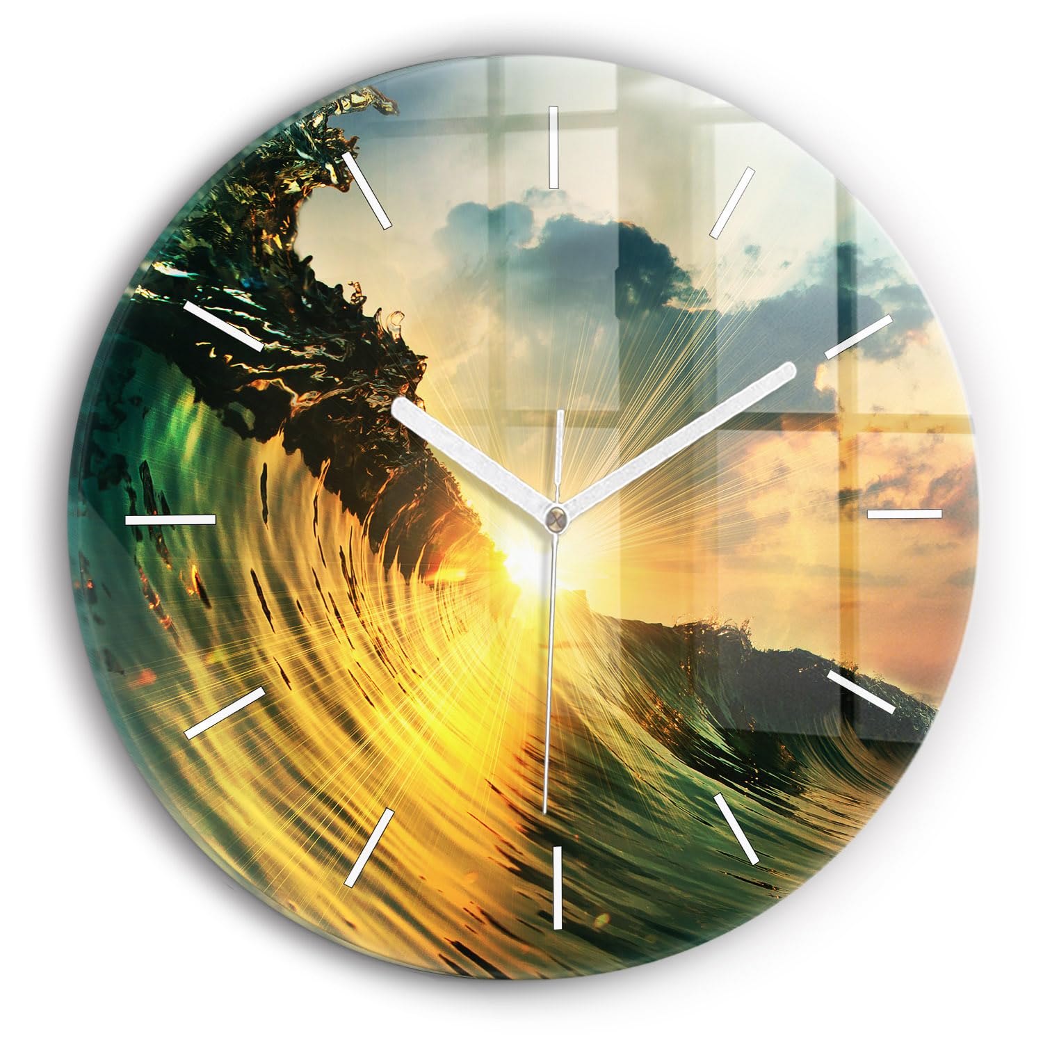 Horloge en verre moderne Wallfluent 30 cm pour salon lumineux et chambre au design coucher de soleil