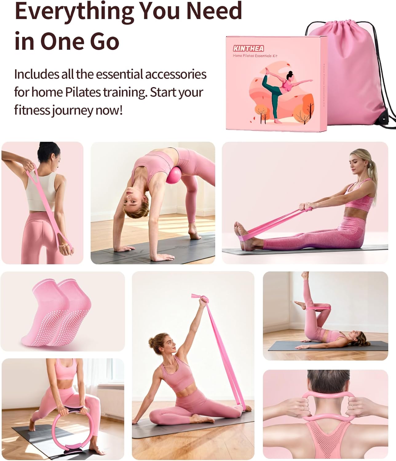 Home Pilates Kit for Women, Essentials Pilates Equipment Set with 14‘’ Pilates Ring and Mini Ball, 5 Resistance Bands & Accessories, Tutorial Charts, Pilates Ring Set for Beginners Workout at Home - Image 2