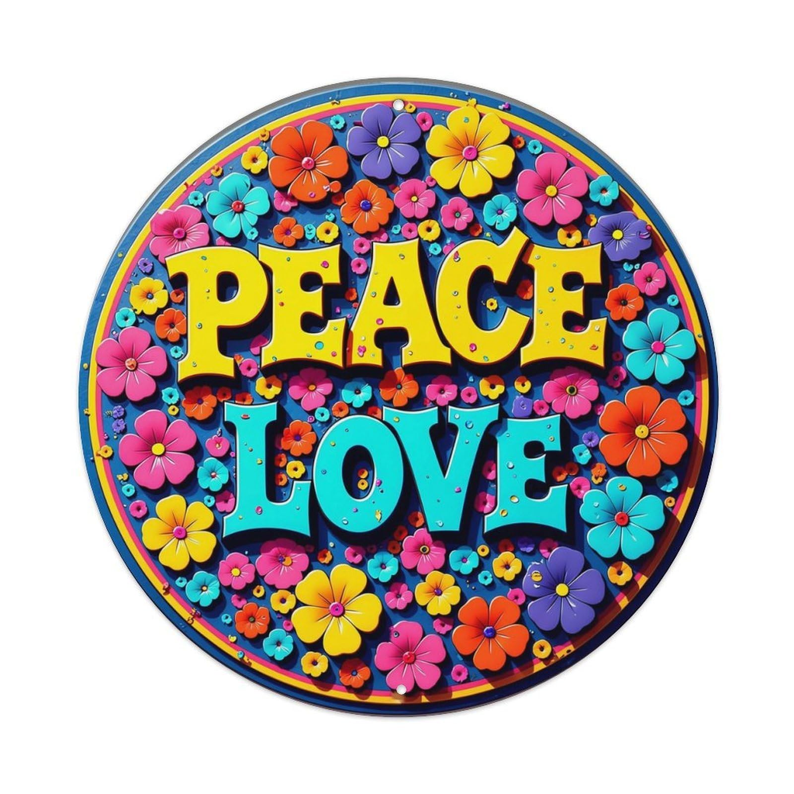 Peace Love Flower Pattern Print Vintage Round Tin Sign Retro Metal Wall Decor Metal Poster, Home Bar Garage Cafe Wall Art Decoration 8x8Inches