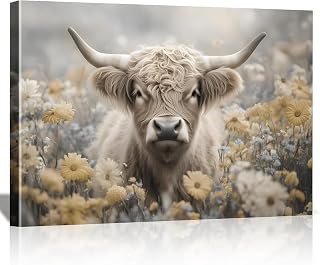 Highland Cow Wall Art Framed 36x24 Inch Rustic Farmhouse Picture with Flowers White Highland Cattle in Daisy Field Landscape Painting for Bedroom Living Room Office Home Decor (Highland Cow 01, 36L"×24W")