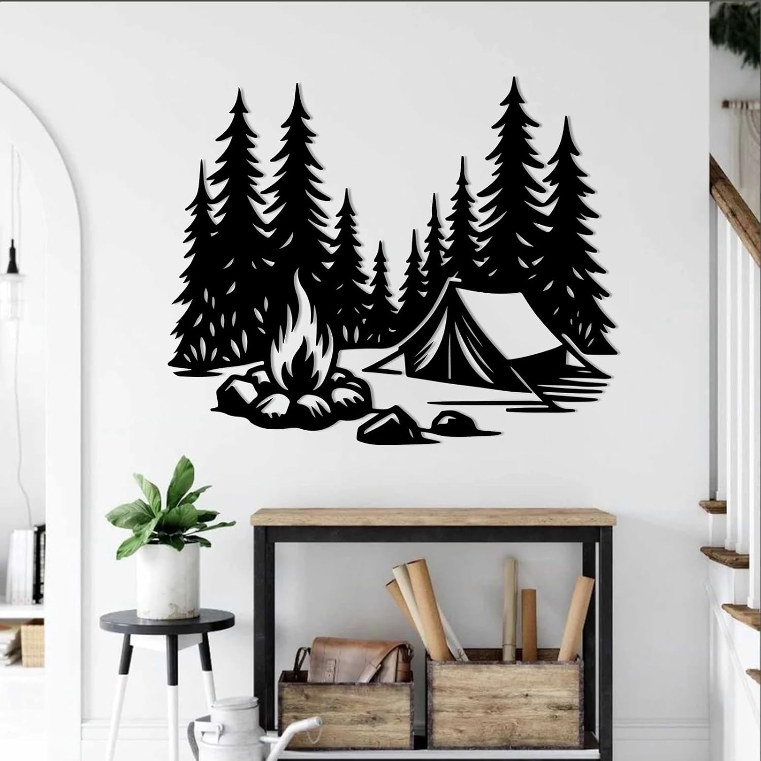 Modern Minimalist Metal Wall Art Decor Camping Scene with Tent and Fire Art,Campfire Mountain Decor,Camper Hanging,Farmhouse Outdoorsman Gift (Black,41" Lx34 W)
