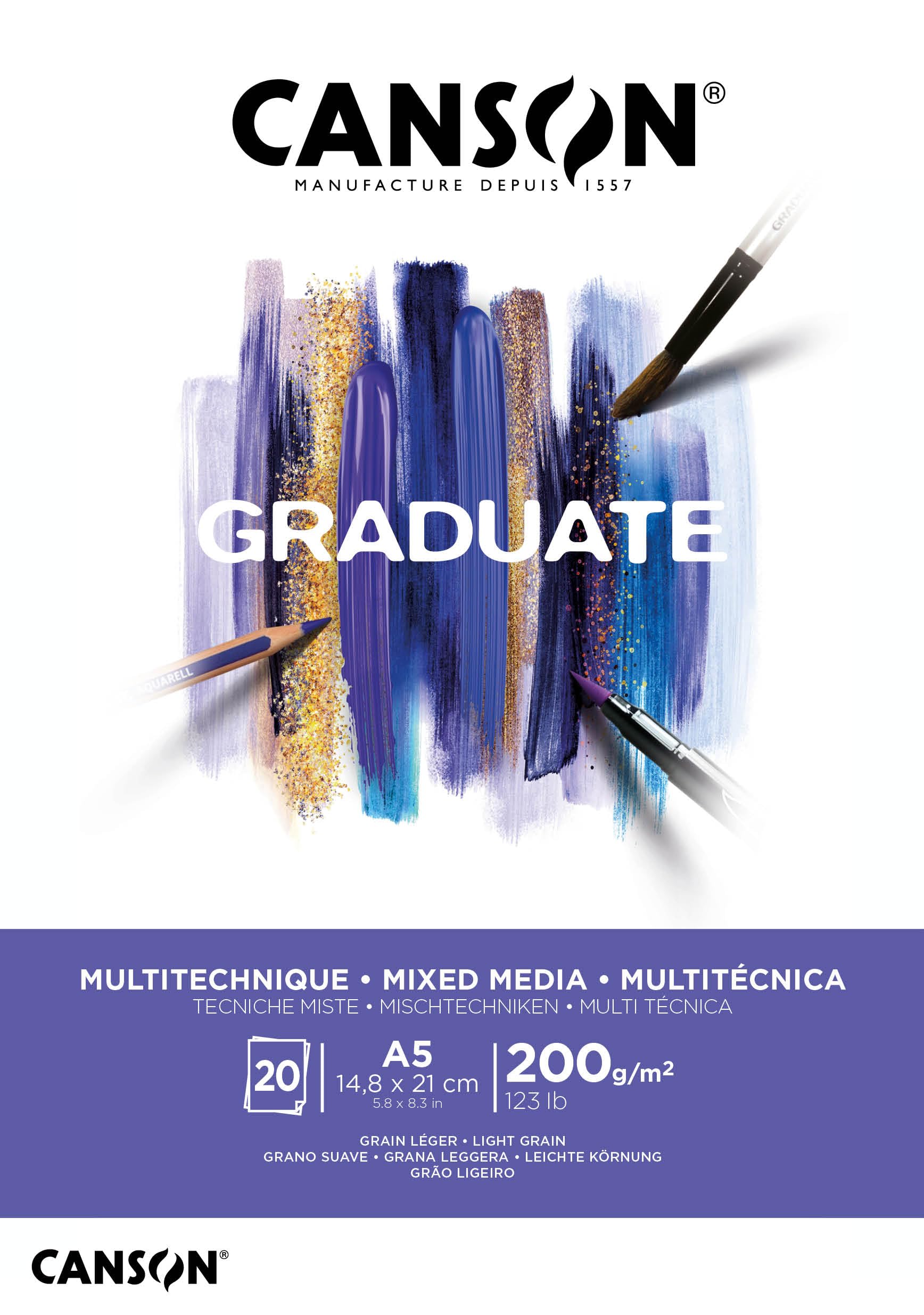CANSON Graduate Mixed Media 200gsm A5 Paper, Light Grain, Pad Glued Short Side, 20 Bright White Sheets, For Student Artists