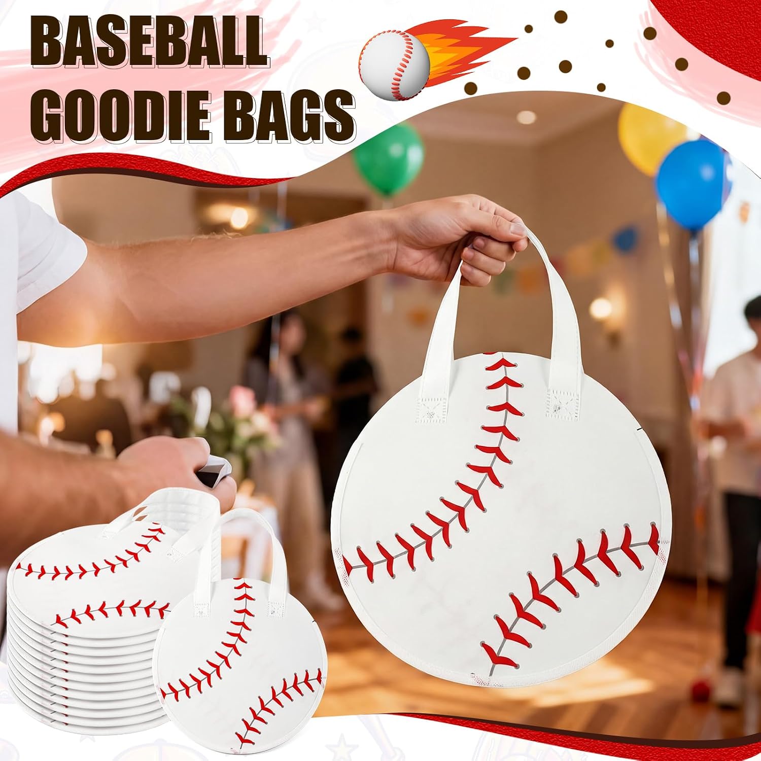 Yeyeplum 12 Pcs Baseball Party Favor Bags 10 × 10 Inch Baseball Gift Bags with Handle Round Non Woven Gift Pouches for Goodie Candy Snacks Sports Themed Birthday Party Supplies image 4