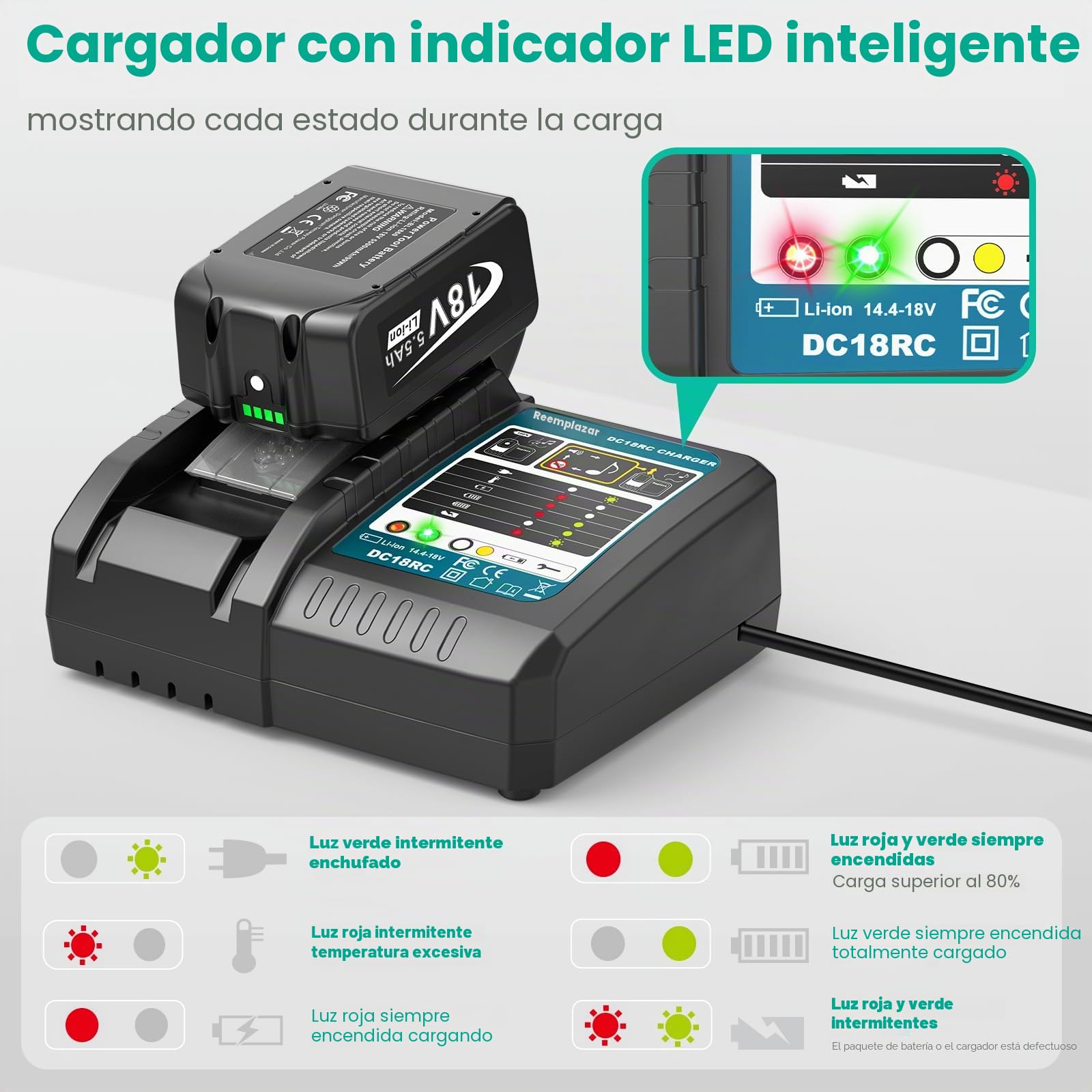 Batería y cargador de 18 V para Makita LXT, ASUNCELL 5,5 Ah, DC18RC, juego de cargador rápido compatible con baterías de iones de litio BL1815 BL1830 BL1850 BL1430