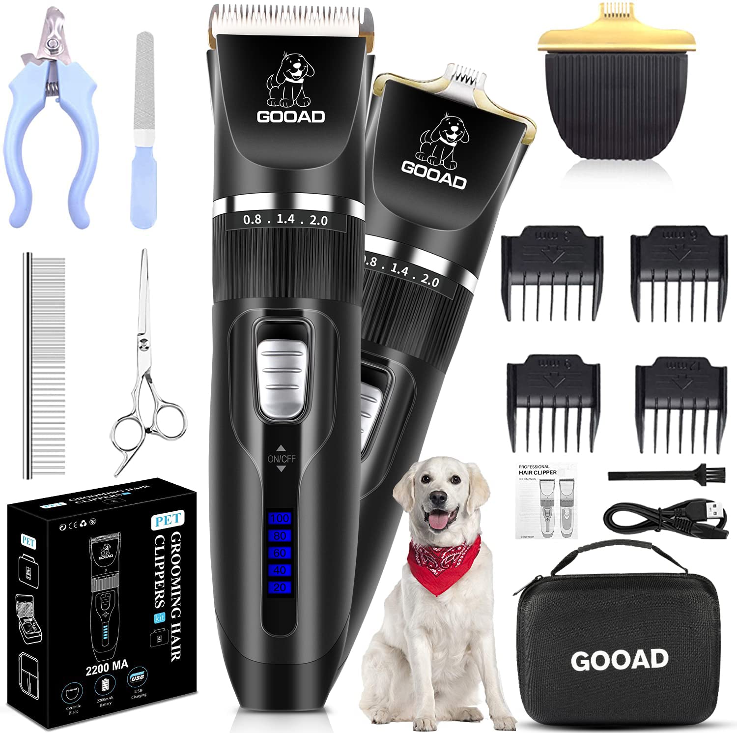 GooadDog Clippers, Professional Dog Grooming Kit, Cordless Dog Grooming Clippers for Thick Coats, Dog Hair Trimmer, Low Noise Dog Shaver Clippers, Quiet Pet Hair Clippers Tools for Dogs Cats(Black)