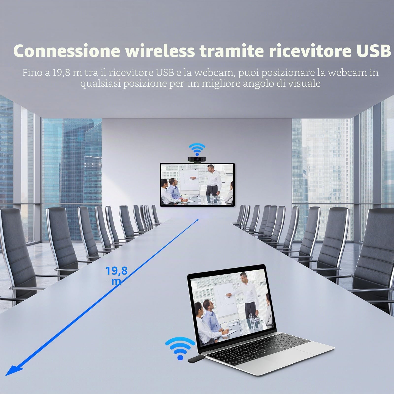 Webcam wireless 1080P per PC, webcam con microfono che riduce il rumore, FOV 92°, rotazione a 360°, plug and play, fotocamera wireless funziona con Skype, zoom per riunioni di conferenze interne ed