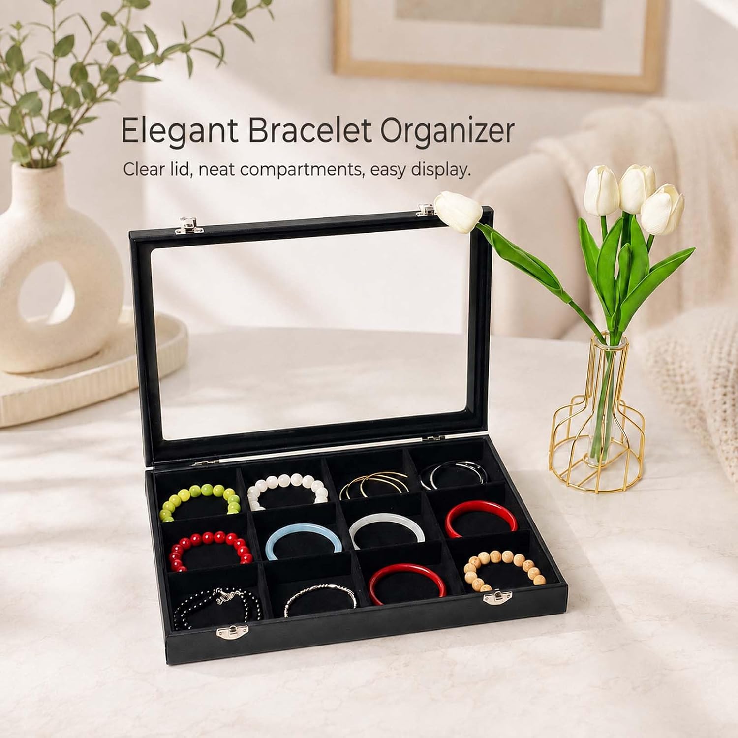 Black 12 Grid Jewelry Organizer Display Box with Transparent lid Bracelets Display Case Bracelet Box with Clasp Bangle Organizer Drawer Insert Bangle Brooch,Gift for Women Girls(12 Grid) image 4