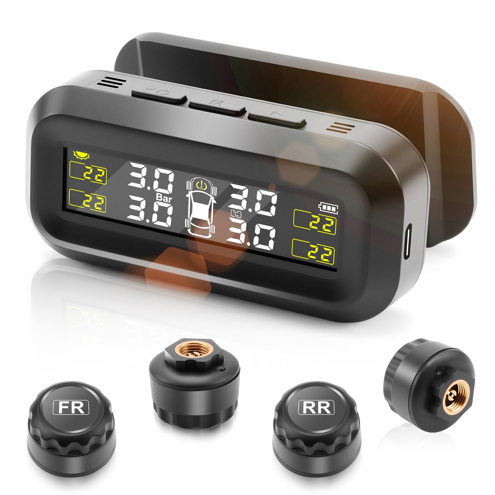 0-3.5Bar Sistema di Monitoraggio della Pressione dei Pneumatici TPMS Wireless Solar, con Ricarica USB, 4 Gomme Sensori Esterni 5 Modalità di Allarme per Auto Car SUV