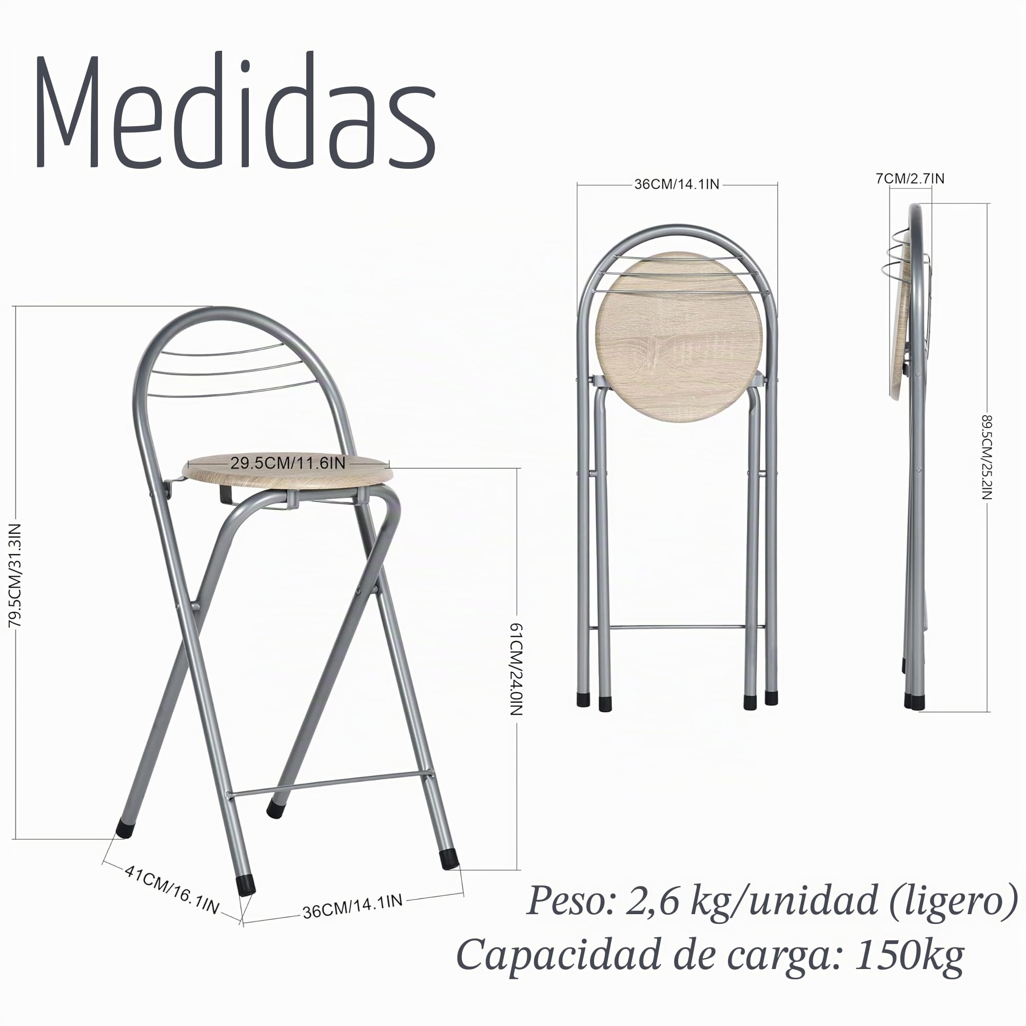 Juego de 2 Taburete Alto Plegable Bar con Respaldo, Banqueta y Silla Plegable de Madera para Interior y Exterior en Cocinas/Bares/Bistrós/Camping/Asiento Imitación Roble/Altura Asiento 61CM