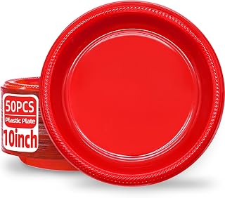 Red Plastic Plates Disposable 10 inch | 50 PCS Red Disposable Plates for Party, Picnic, Birthday, Christmas