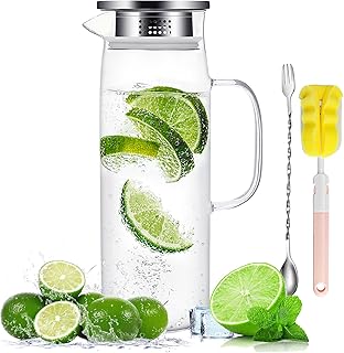 Glass Pitcher with Lid and Handle,50 OZ Glass Water Jug with Spout for Cold&Hot Drinks - Heat Resistant Borosilicate Crystal Clear Glass Carafe for Sangria,Coffee,Brewed Tea,Juice,wine and Beverage