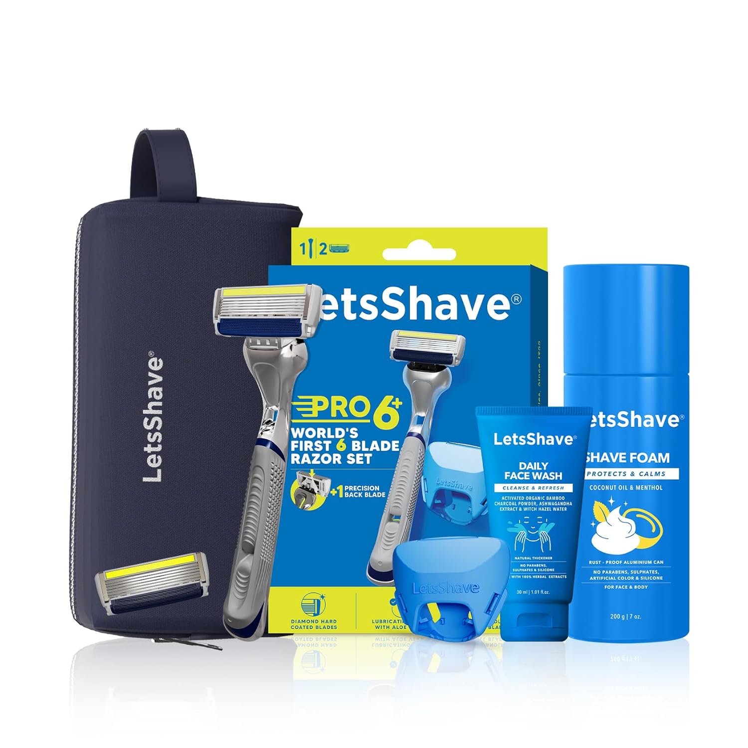 LetsShave Pro 6 Plus Lite Shaving Kit with 1 Razor + 1 Shave Foam + 1 After Shave Balm + 1 Travel Pouch & Razor Cap, World’s First 6-Blade Razor with Back Blade, Razor for Men Face & Head Shaving Kit