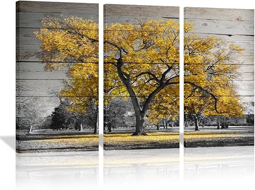 Lienzo decorativo para pared de árbol de otoño gris y amarillo, 3 piezas, vintage, otoño, hojas de arce, cuadro retro de naturaleza, decoración