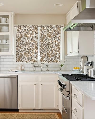 Miniatura 3 de RisQiten Cortinas transparentes con estampado étnico de cachemira marrón para baño, juego de 2 paneles de 54 pulgadas de largo, cortinas de ventana