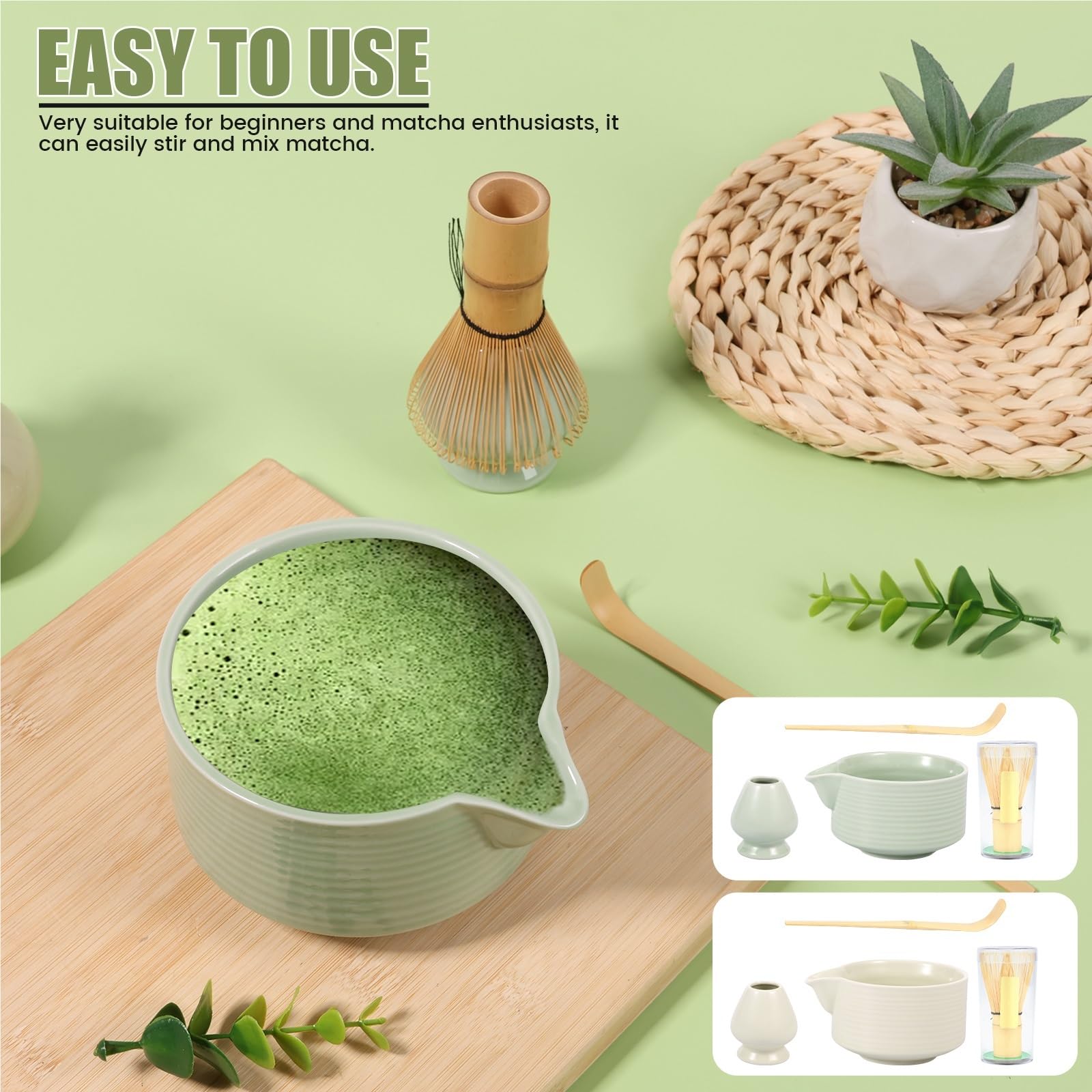 Juego de 4 herramientas for preparar té matcha, batidor de matcha, con cuchara, soporte y cuenco for principiantes y entusiastas. Juego de Té Matcha(White)